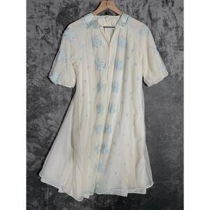 Leonora Womens Robe S‎ Ivory Light Blue Vintage Embroidered Sheer Nylon